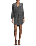 Long-sleeve Silk Patchwork Dress, Black/cream