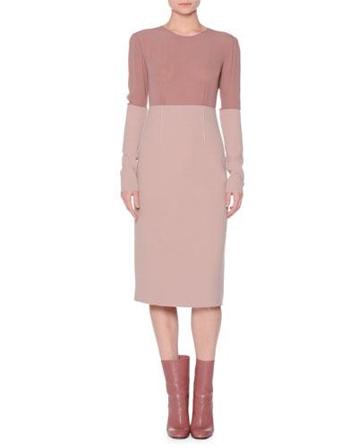 Colorblock Boucle Long-sleeve Dress, Pink