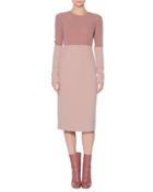 Colorblock Boucle Long-sleeve Dress, Pink