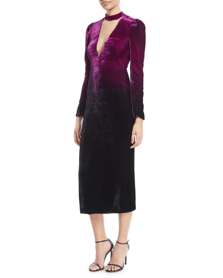 Deep-v Long-sleeve Ombre Velvet Cocktail Dress
