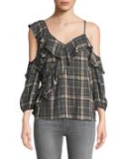 Cross Country Plaid Ruffle Cold-shoulder Top