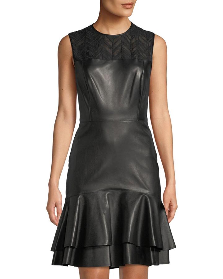 Sleeveless Leather Ruffle-hem Dress