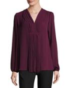 Pleat-front Long-sleeve Blouse, Currant