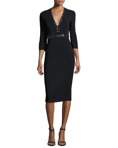 Grommet-trim V-neck Sheath Dress, Black