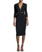 Grommet-trim V-neck Sheath Dress, Black