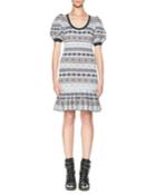 Fair Isle Puffy-sleeve Flounce Dress,