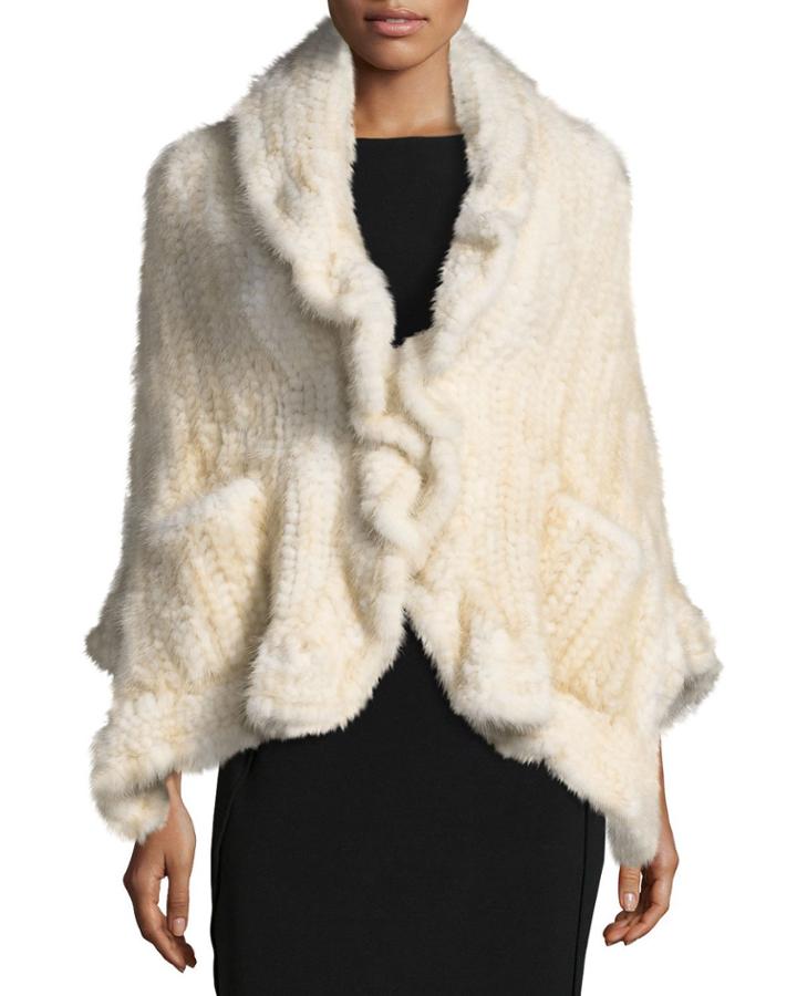 Knit Mink Fur Wrap W/ Pockets, Brown