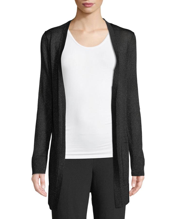 Long Metallic Open-front Cardigan