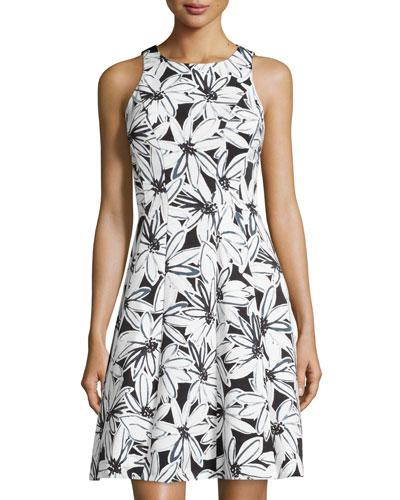 Floral Sleeveless Fit-&-flare Dress, Black/soft White
