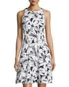 Floral Sleeveless Fit-&-flare Dress, Black/soft White