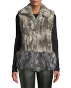 Shaggy-hem Rabbit & Fox Fur Vest, Gray