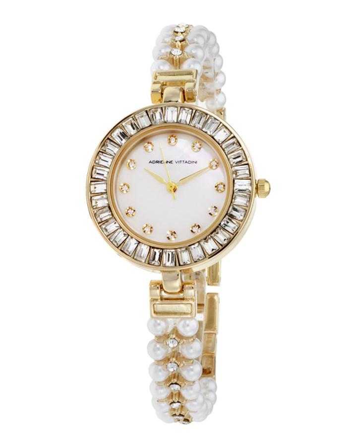 30mm Crystal Watch W/ Pearly Strap, White/gold