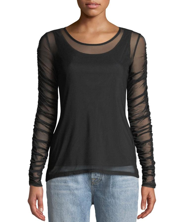Caterpillar-sleeve Mesh Illusion Blouse