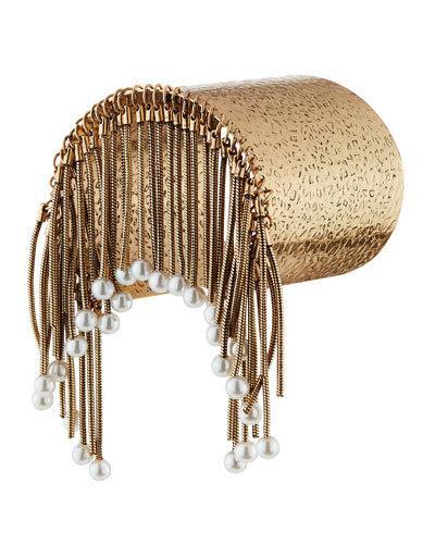 Hammered Golden Pearly Fringe Cuff Bracelet