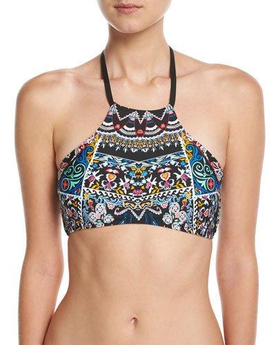 High-neck Floral-print Swim Top,