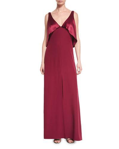 Sleeveless Satin-popover Crepe Gown, Oxblood