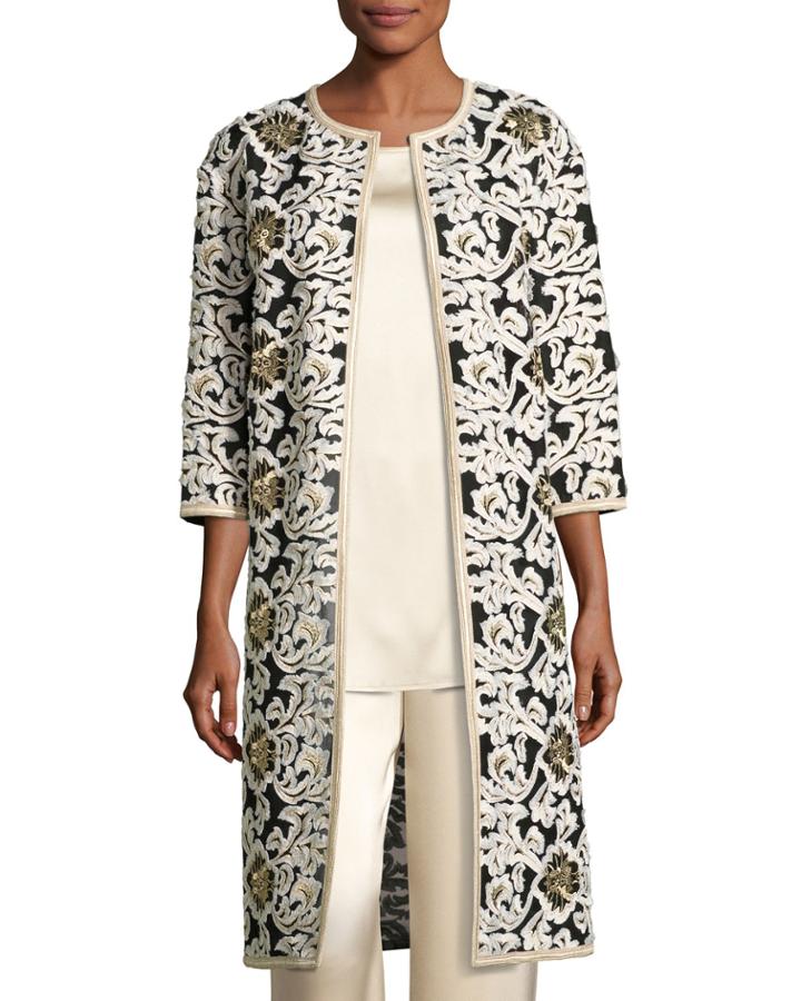 Floral Fringe Embroidered Tulle 3/4-sleeve Jacket, White/gold
