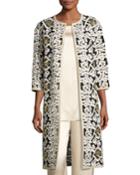 Floral Fringe Embroidered Tulle 3/4-sleeve Jacket, White/gold