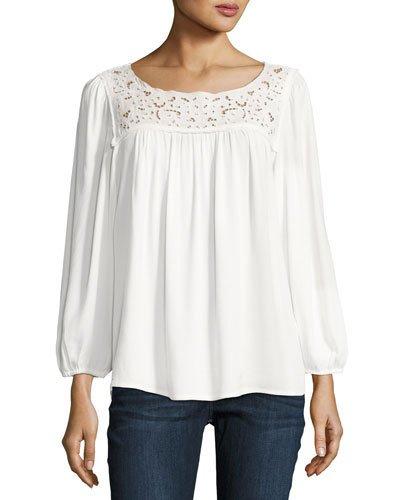 Sagrada Embroidered-yoke Top, White