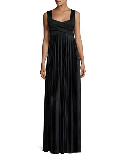 Alain Pleated Sleeveless Gown, Black