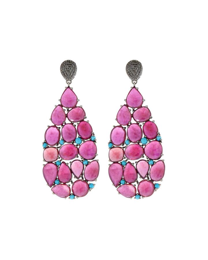 Black Silver Teardrop Earrings With Composite Ruby & Turquoise