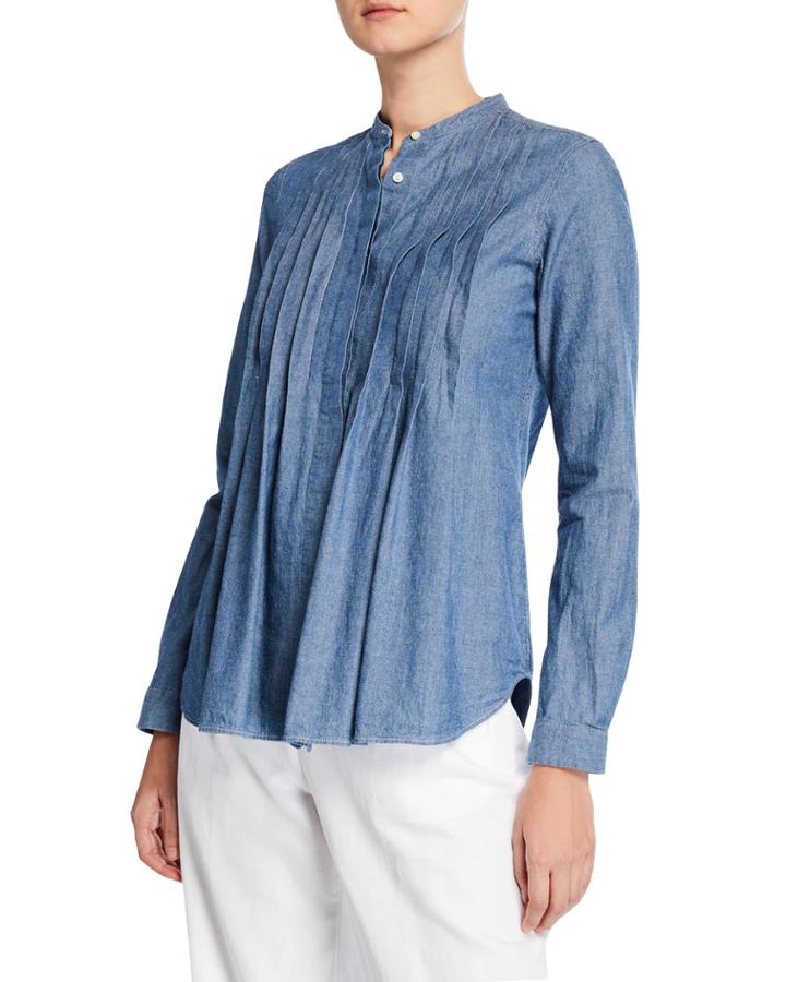 Crewneck Long-sleeve Pintuck Chambray