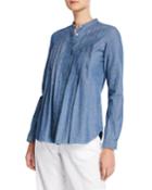 Crewneck Long-sleeve Pintuck Chambray