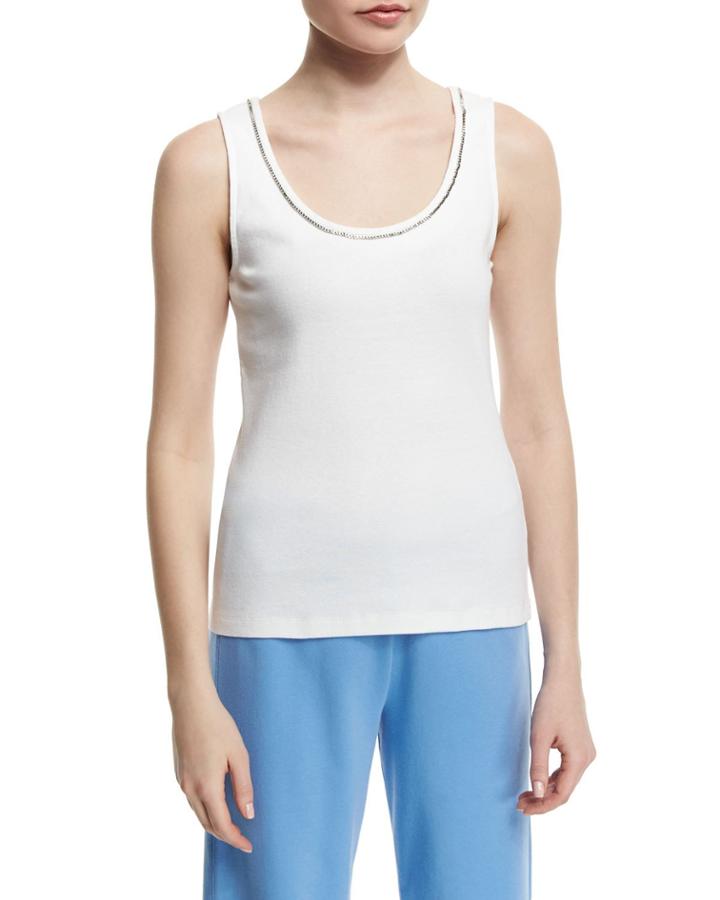 Sleeveless Chain-trim Tank, White,