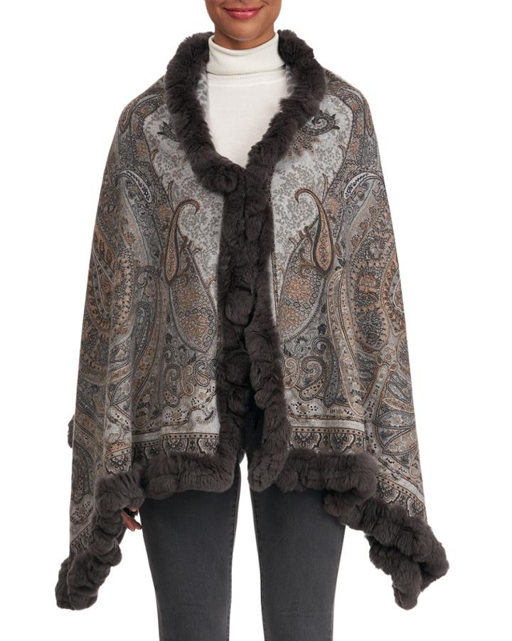 Double-face Cashmere Stole W/ Ruffle Rabbit Fur Trim