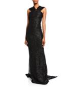 Sequin Statement Sleeveless Gown With Silk Chiffon Train