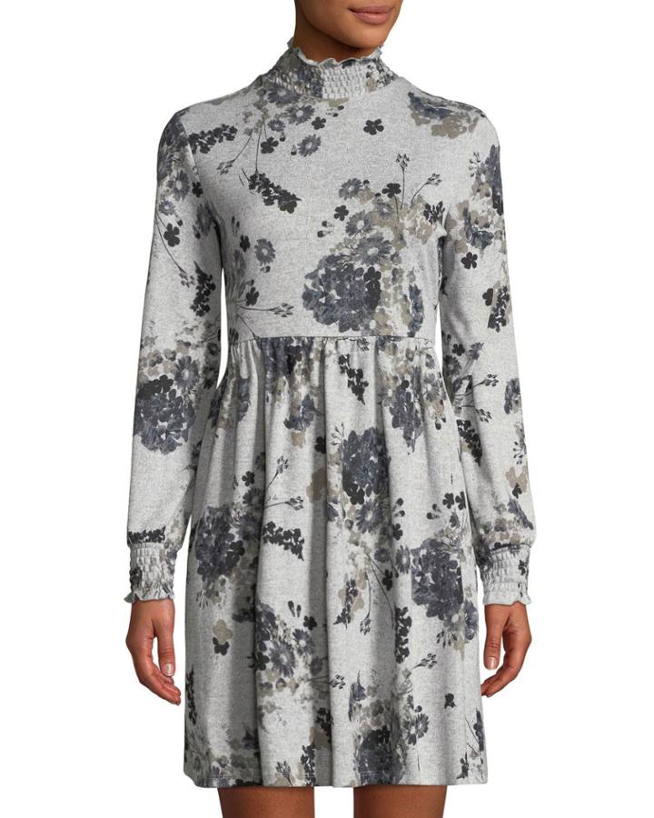 Smocked Turtleneck Long-sleeve Floral-print