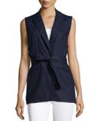 Lace-insert Linen-blend Vest, Blue