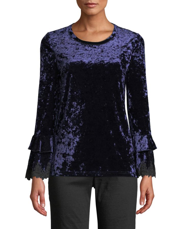 Flare-sleeve Lace-trim Velvet Blouse