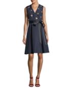 Cherry Embroidered V-neck Fit-and-flare Cocktail Dress