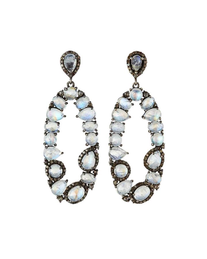 Moonstone Open-drop Earrings W/ Diamonds