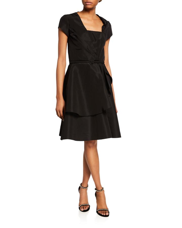 Silk Asymmetric-neck Faux Wrap Dress W/ Belt