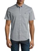 Striped Cotton-blend Short-sleeve Shirt, Dark Blue