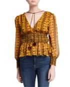 Printed Smocked Pompom Tie Blouse