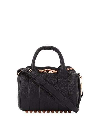 Round Smooth Leather Satchel Bag, Black