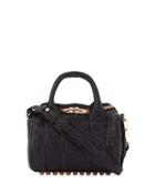Round Smooth Leather Satchel Bag, Black
