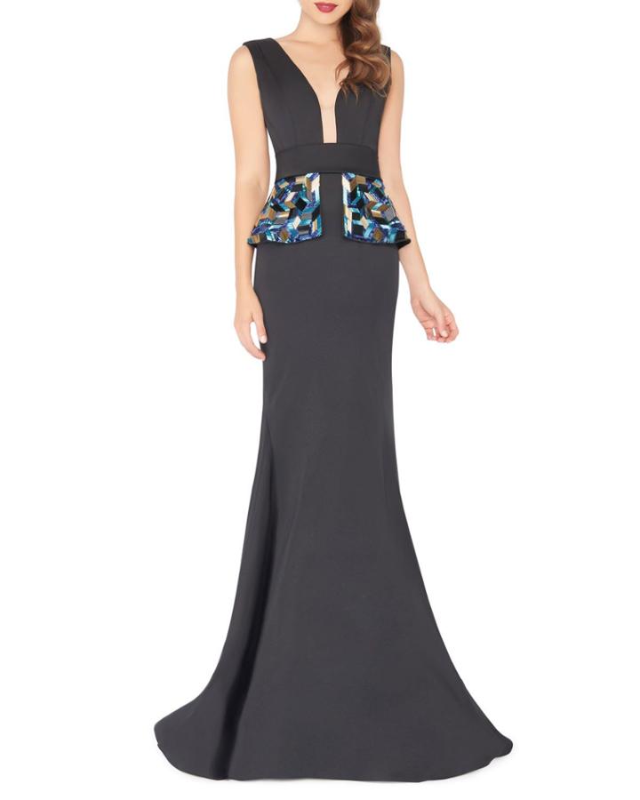 Geometric Beaded Peplum Trumpet Gown