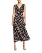 Floral Pleated Midi A-line Tie-back Dress