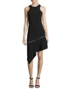 Pearly-studded Asymmetric Sleeveless Dress, Black