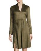 Long-sleeve Faux-suede Fit-and-flare Dress, Green