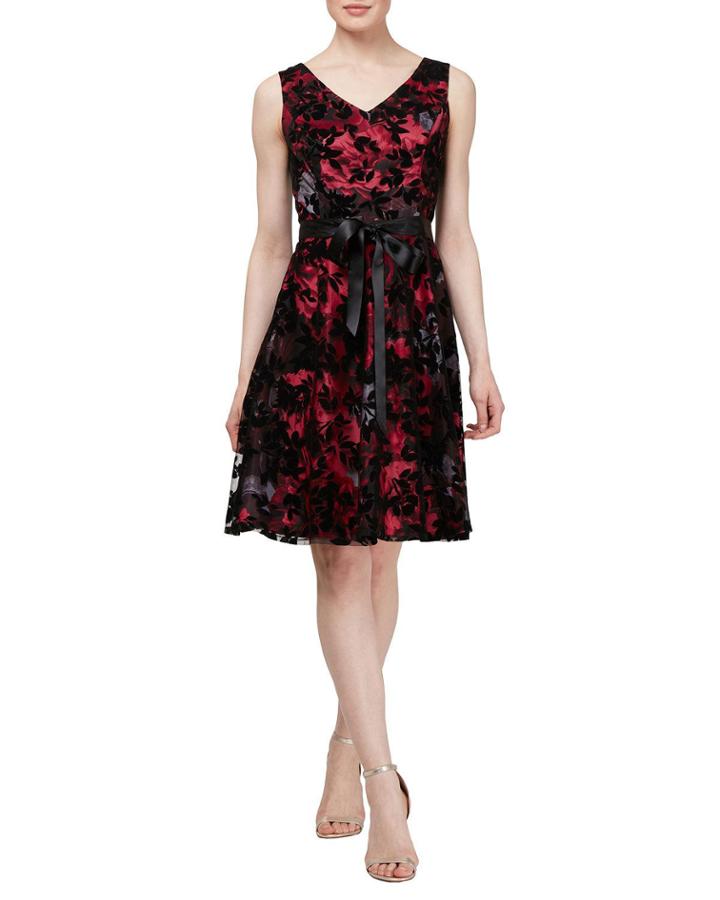Petite Velvet Flocking Over Print Dress