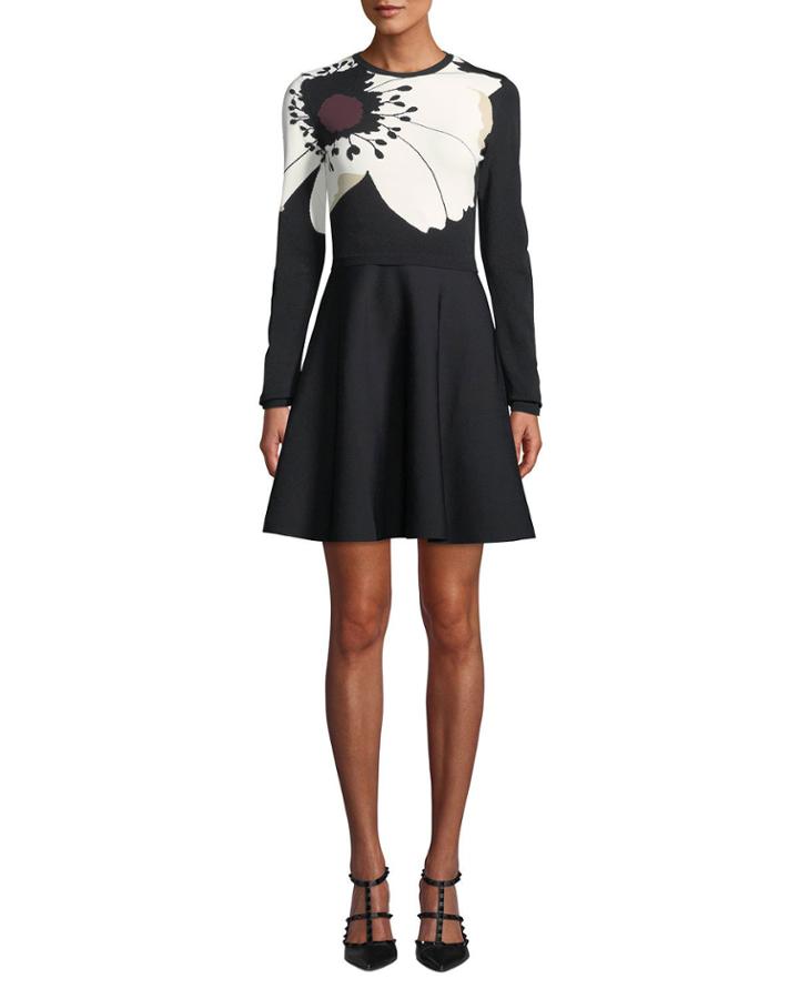 Long-sleeve Anemone-flower Knit Dress