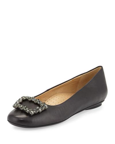 Shannon Crystal-buckle Leather Flat, Black/fume