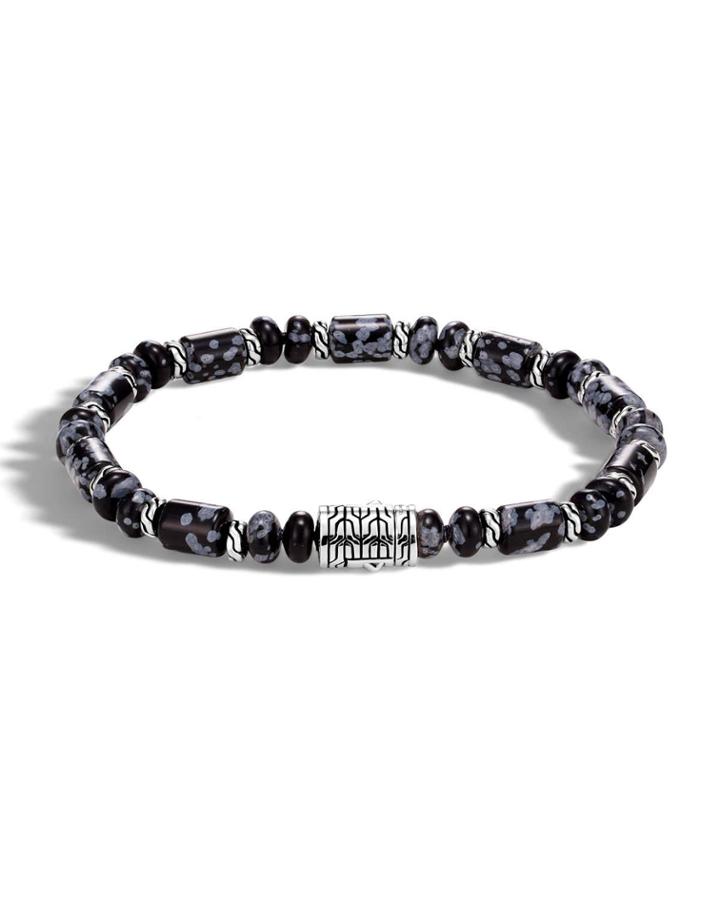 Men's Classic Chain Sterling Silver & Snowflake Obsidian Bead Bracelet,