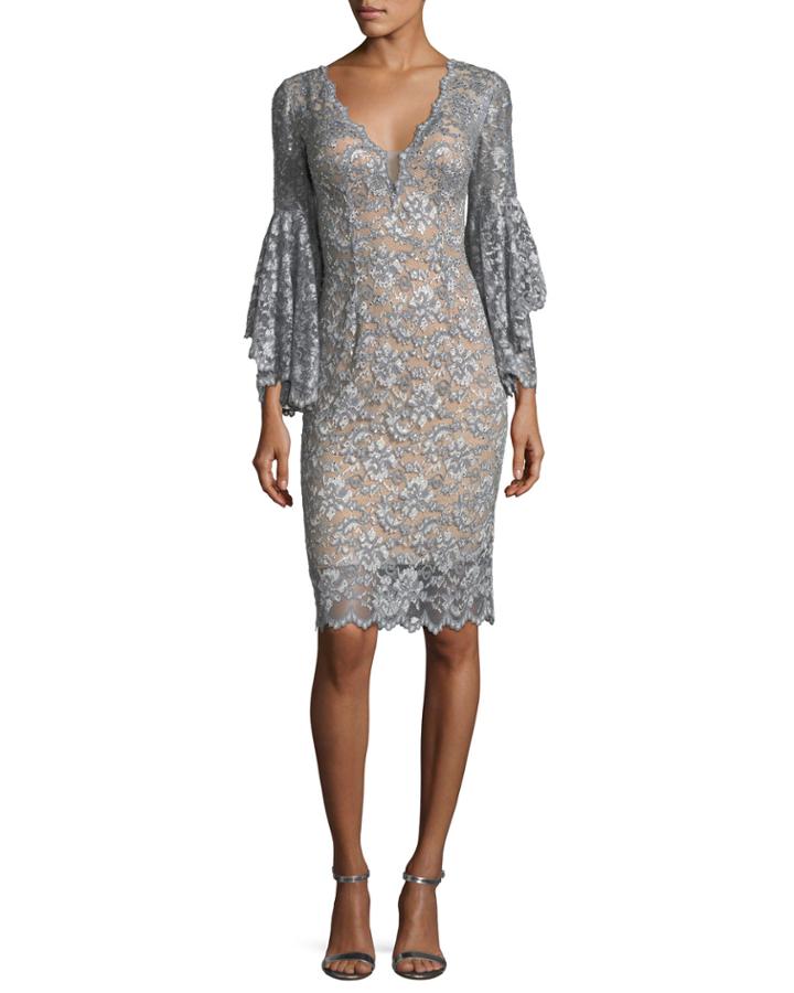 Deep V-neck Trumpet-sleeve Lace Applique Dress