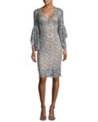 Deep V-neck Trumpet-sleeve Lace Applique Dress